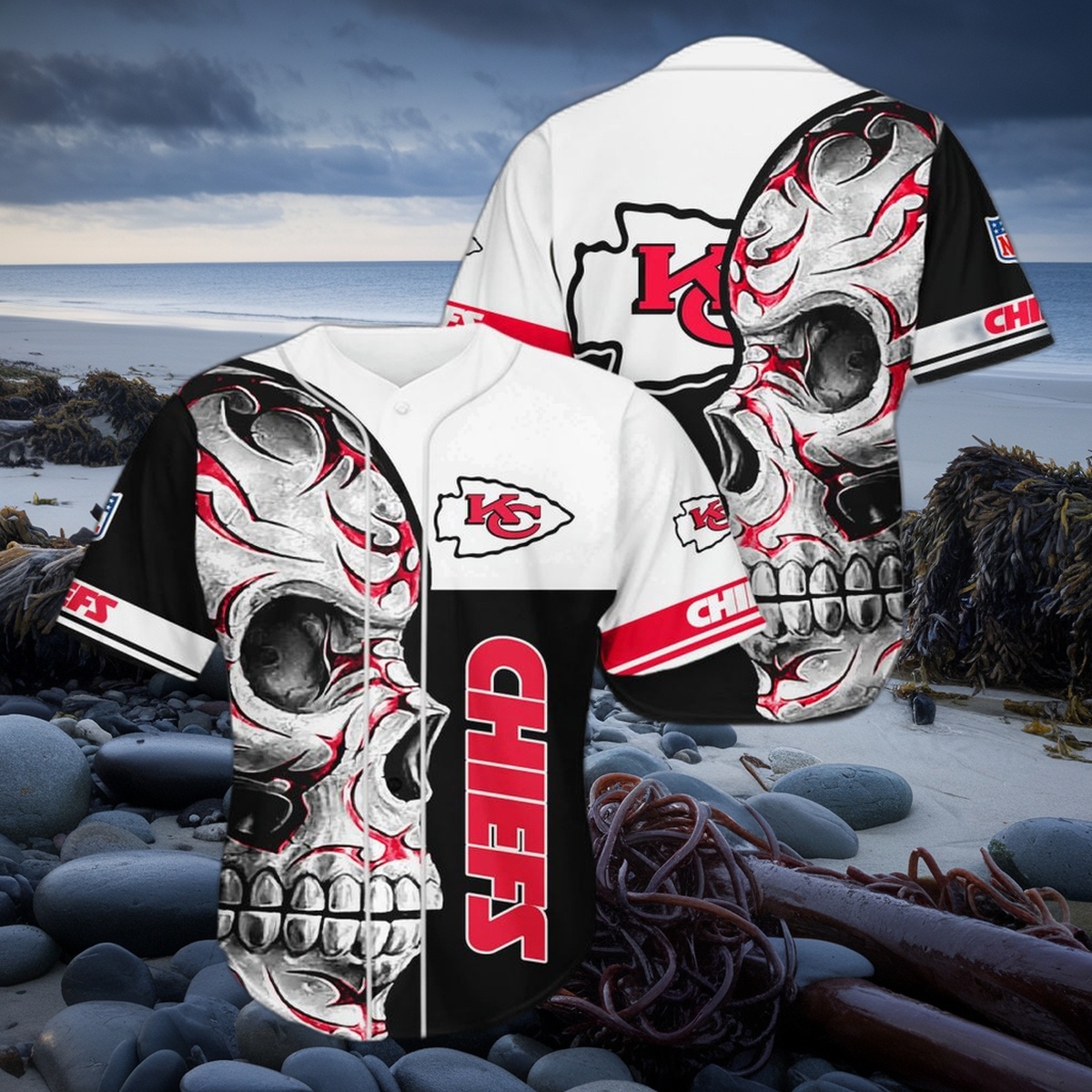 Kansas City Chiefs Skull Flame 3D Baseball Jersey